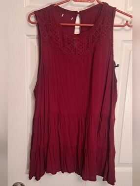 Sleeveless Crochet Yoke Peplum Top - Burgundy Boho Bohemian Flowy8 Xl 14/16